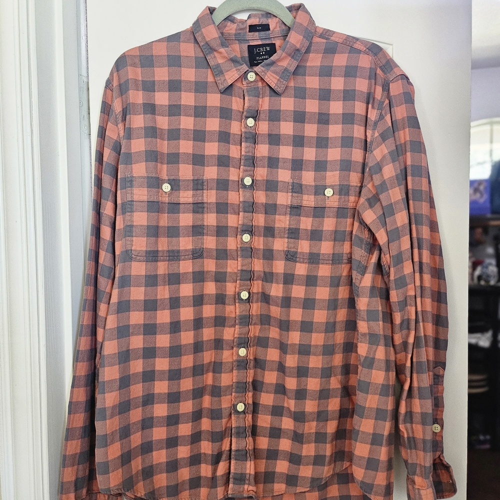 J. Crew Men's Coral and Navy Checkered Shirt